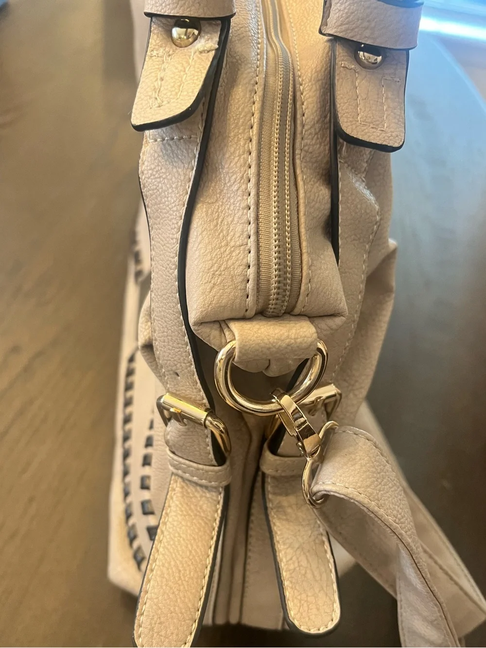 Marc New York Beige Vegan Leather Shoulder Bag With Decorative Braiding